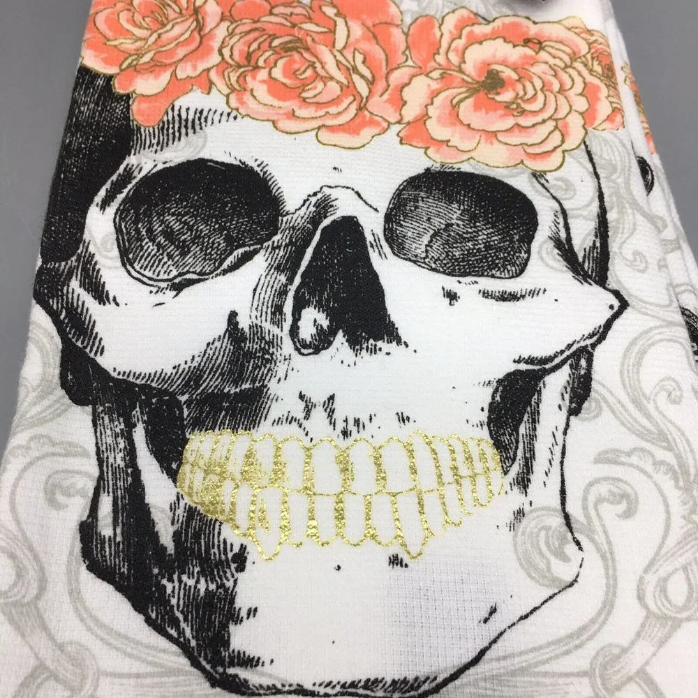 x4 Cynthia Rowley Sugar Skull Rose Terry Kitchen Towel Set Gold Day of the Dead